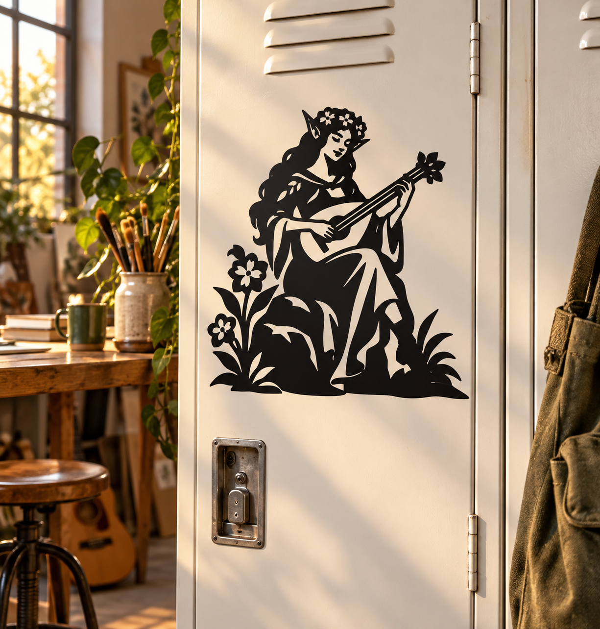 Musician vinyl decal of a flower-crown elf playing guitar, black silhouette