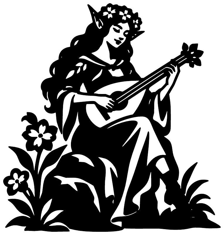 Musician vinyl decal close-up: flower-crown elf playing guitar with flowers, black