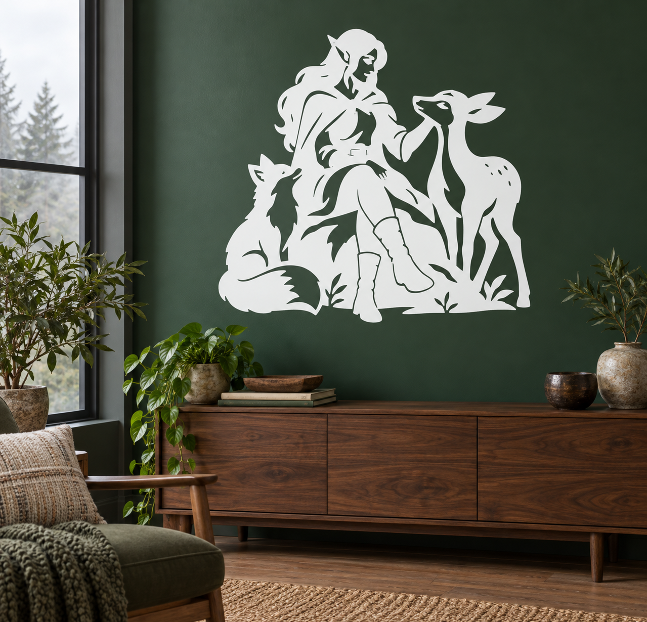 White vinyl decal of an elf with forest animals and foliage