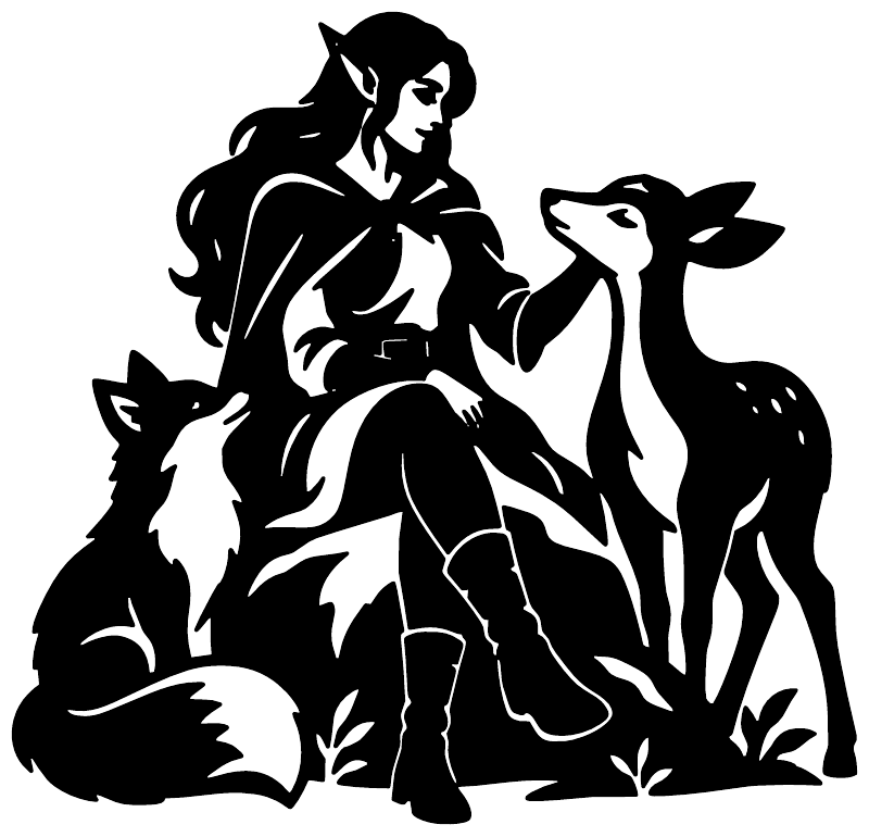 Black vinyl decal close-up of an elf with three forest animals
