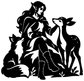 Black vinyl decal close-up of an elf with three forest animals