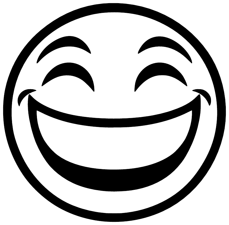 Close-up grinning face vinyl decal, bold black outline with happy eyes and smile