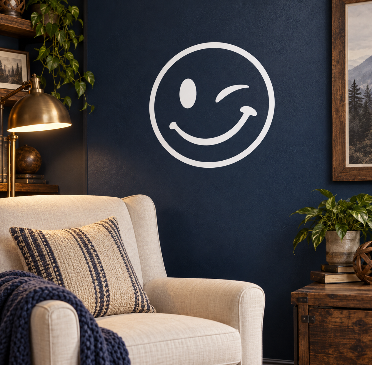 Winking smiley vinyl decal: white circle with wink and smile lines