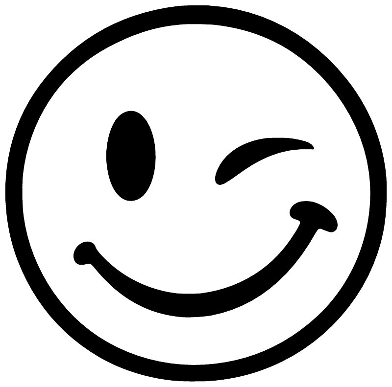 Winking smiley vinyl decal close-up: black outline, wink eye, curved smile