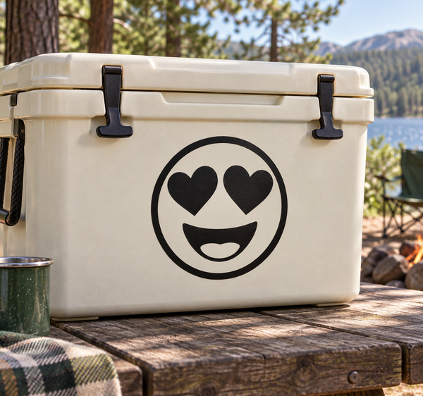 Heart-eyes face vinyl decal with smiling emoji and heart eyes in black circle
