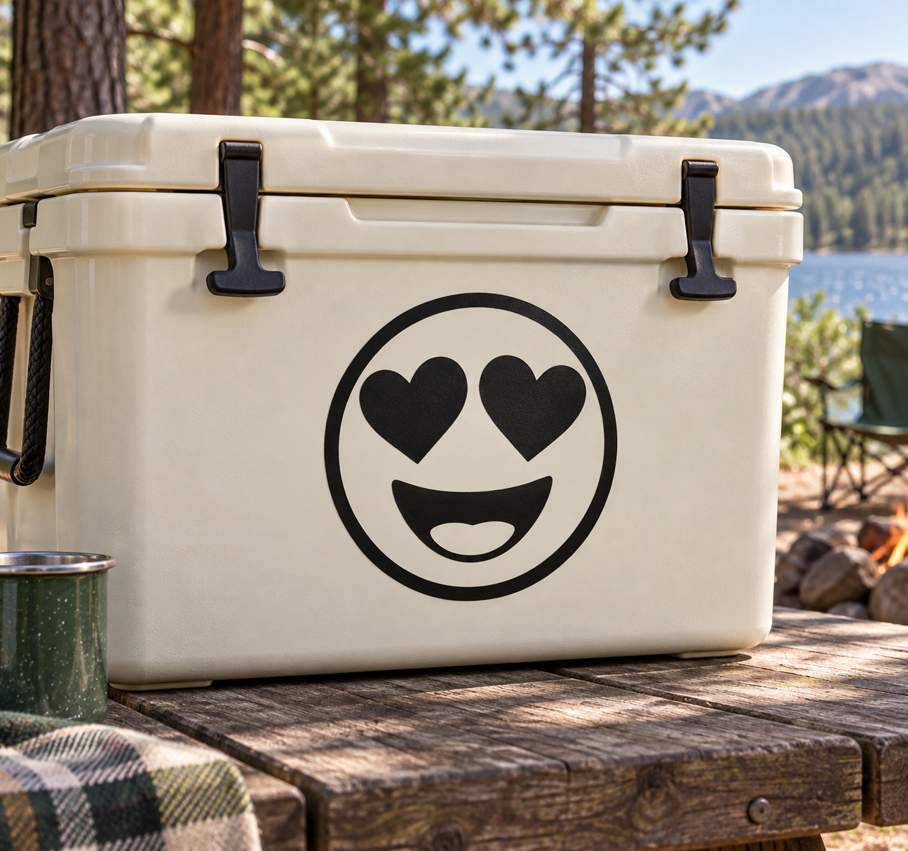 Heart-eyes face vinyl decal with smiling emoji and heart eyes in black circle