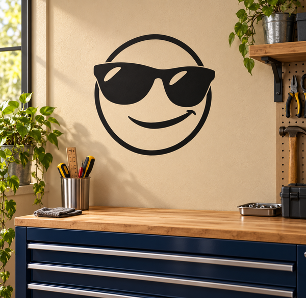 Sunglasses emoji face vinyl decal with black outline and smiling white face