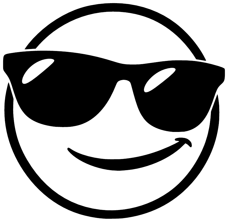 Close-up sunglasses emoji face vinyl decal, black glasses and smile on white