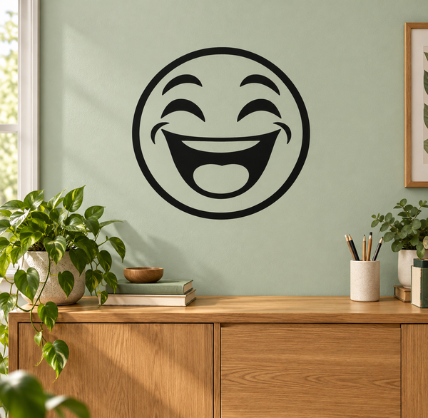 Laughing emoji vinyl face decal with open smile and raised eyebrows