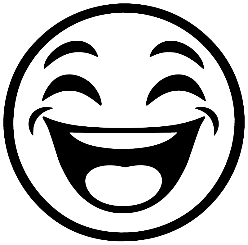Laughing emoji vinyl face decal close-up, black outline and open smile
