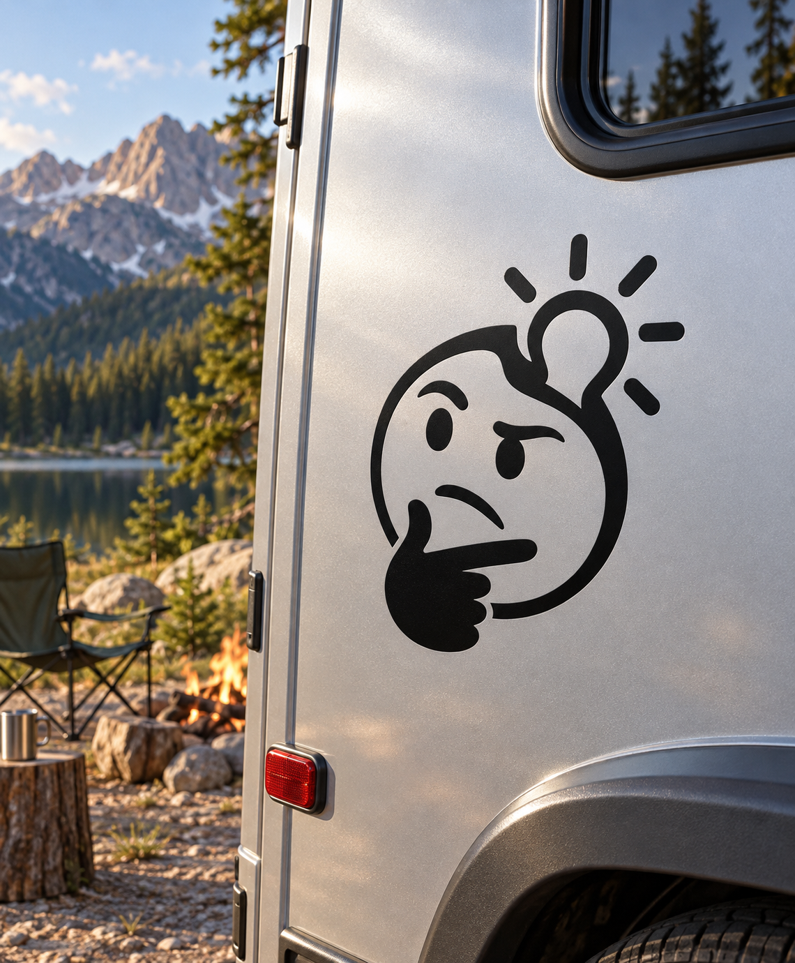 Thinking emoji vinyl decal: black face with hand on chin and light bulb above