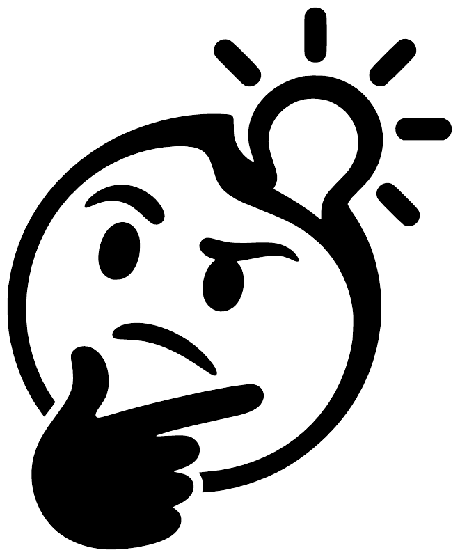 Close-up thinking emoji vinyl decal with bulb above and hand on chin, black design