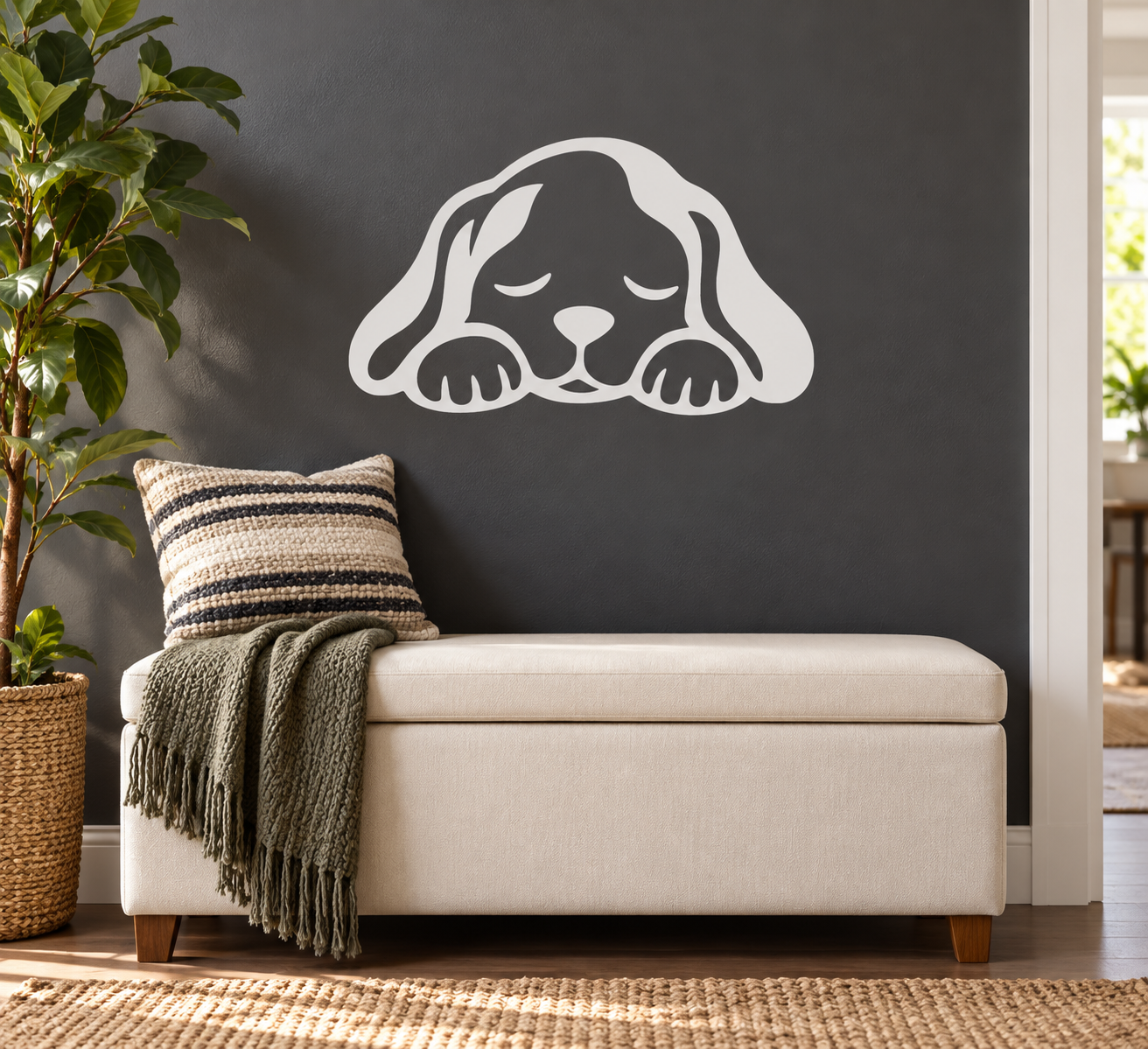 Sleepy puppy face vinyl decal, white outline with closed eyes on dark background