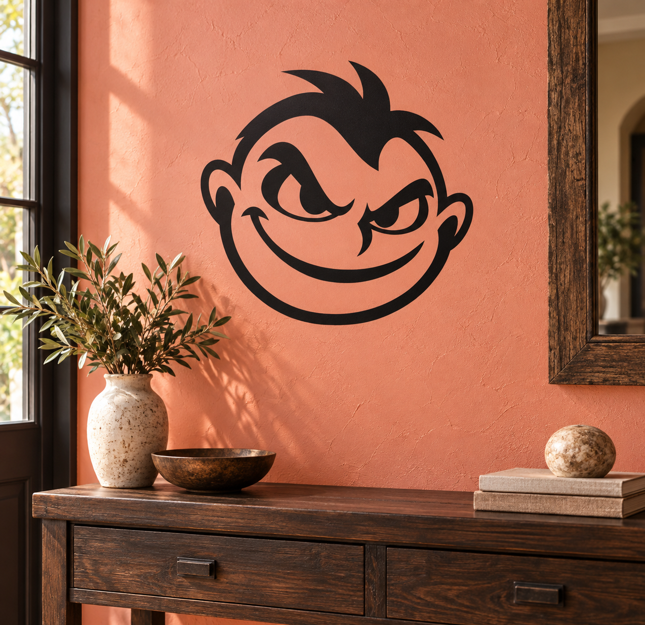 Mischievous face vinyl decal, bold black cartoon outline, single emoji-style sticker