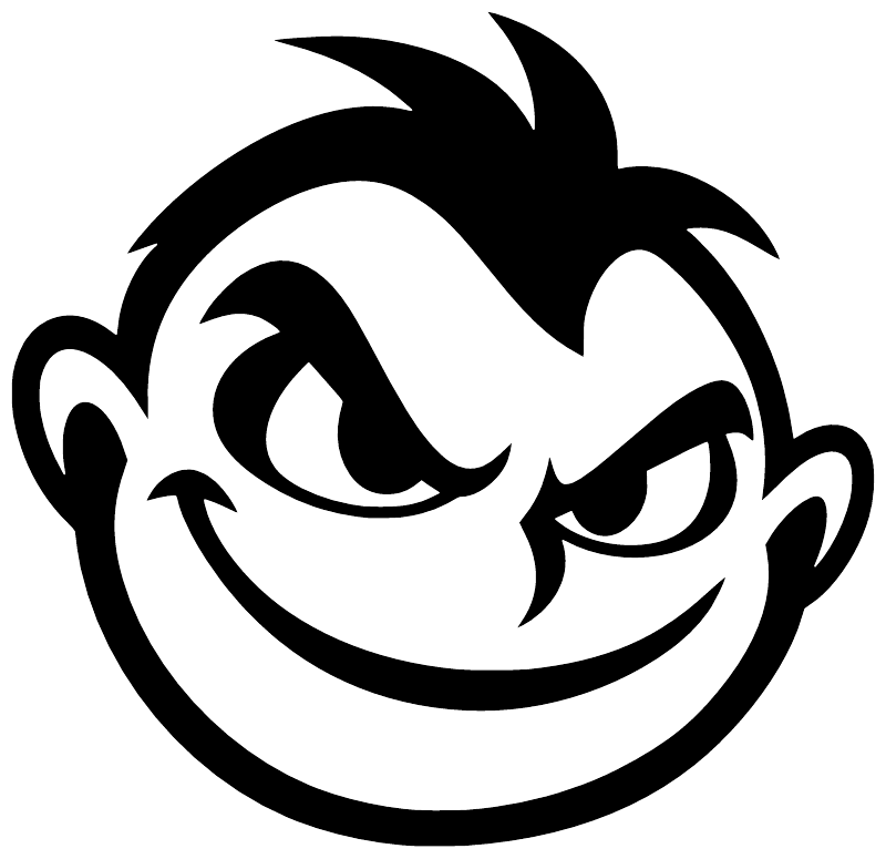 Mischievous face vinyl decal, thick black line art, winking cartoon expression
