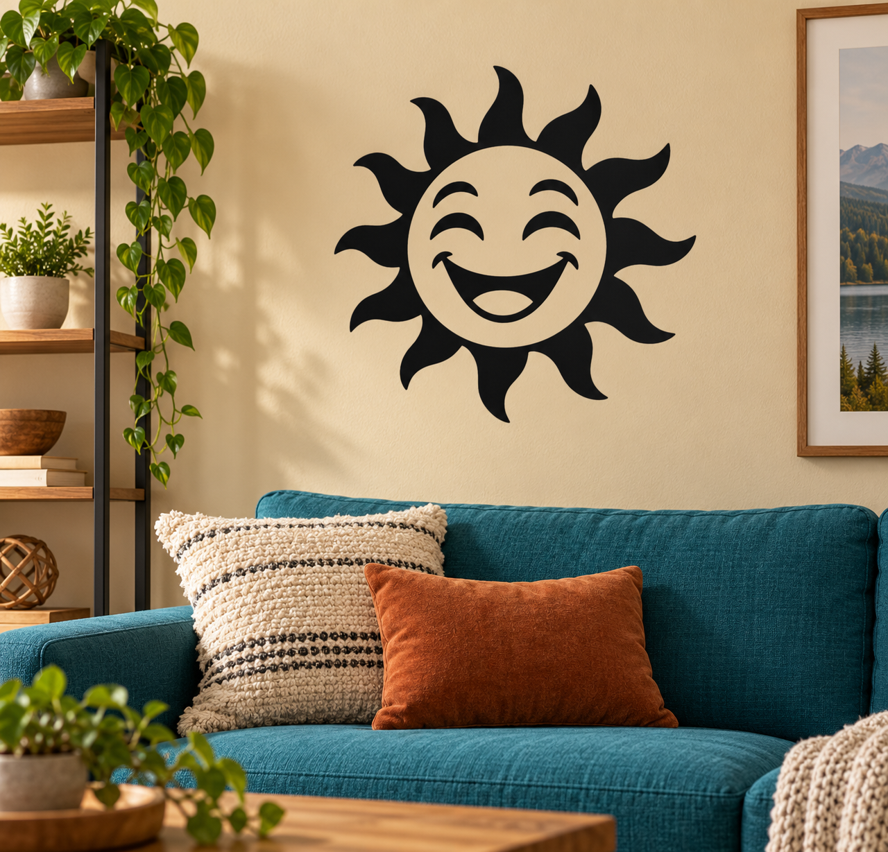 Smiling sun face vinyl decal, black outlined design on a wall