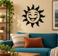 Smiling sun face vinyl decal, black outlined design on a wall