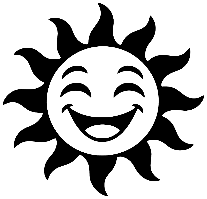 Happy sun face vinyl decal, bold black graphic with smiling eyes and grin