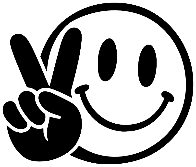 Close-up smiley peace-hand vinyl decal, black face and hand on white