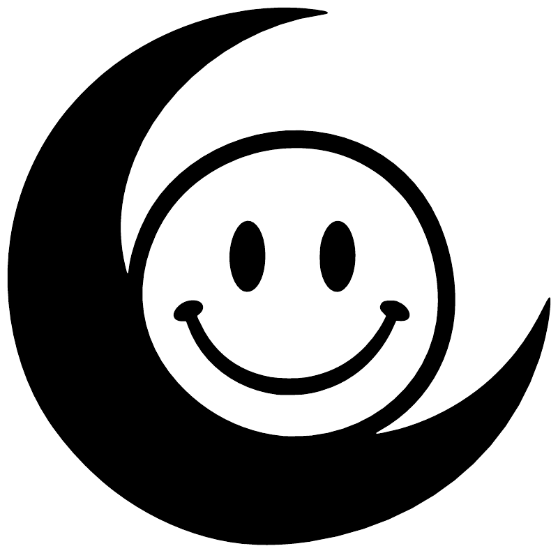 Smiley crescent vinyl decal close-up: black crescent with smile and round eyes