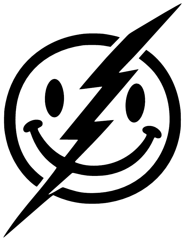 Smiley lightning bolt vinyl decal close-up, black smiling face with lightning bolt