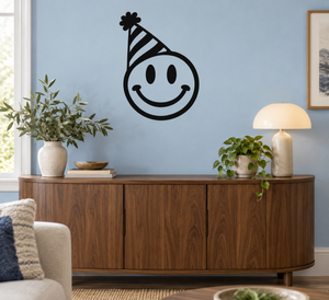 Smiley party hat vinyl wall decal with black striped hat and smiling face