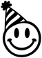 Close-up of smiley party hat vinyl decal, black striped cone with white smiling face