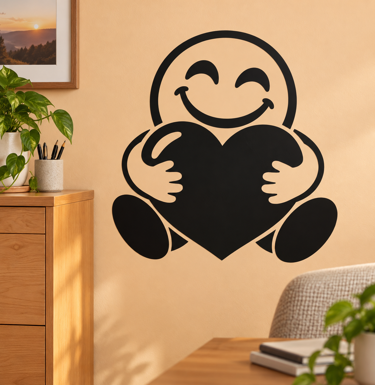 Vinyl wall decal of a smiling face holding a large black heart with open arms