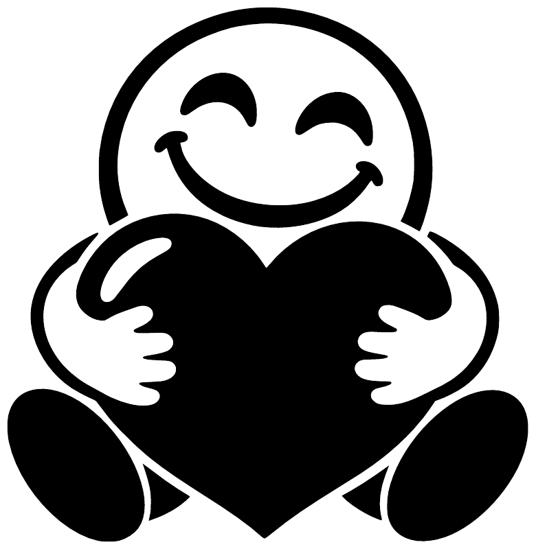 Vinyl wall decal featuring a smiling face hugging a large heart in black and white