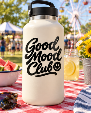 Black script Good Mood Club vinyl decal with smiley face on bottle