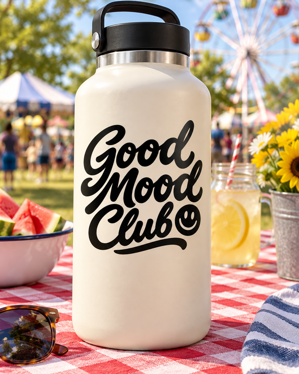 Black script Good Mood Club vinyl decal with smiley face on bottle