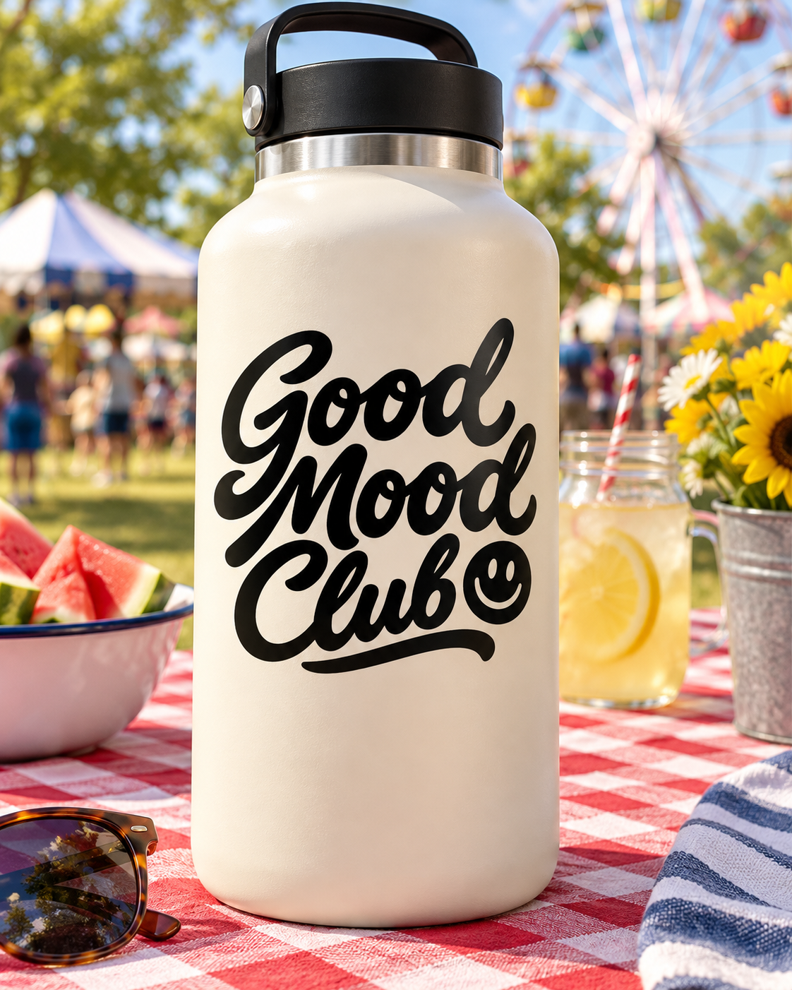 Black script Good Mood Club vinyl decal with smiley face on bottle