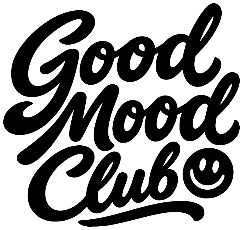 Good Mood Club vinyl decal in bold black cursive with smiley emoji