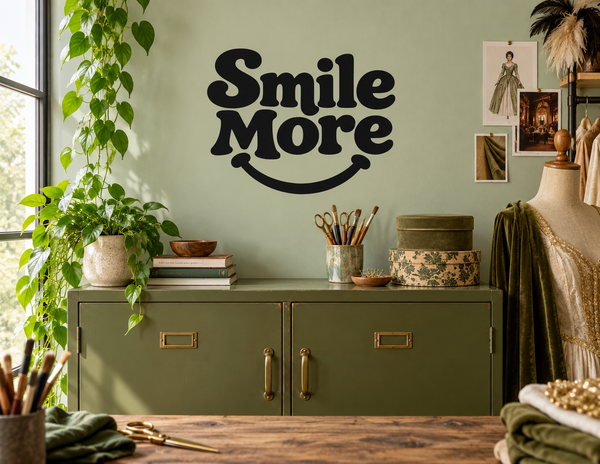 Smile More vinyl wall decal, black text with smiley face curve and dots