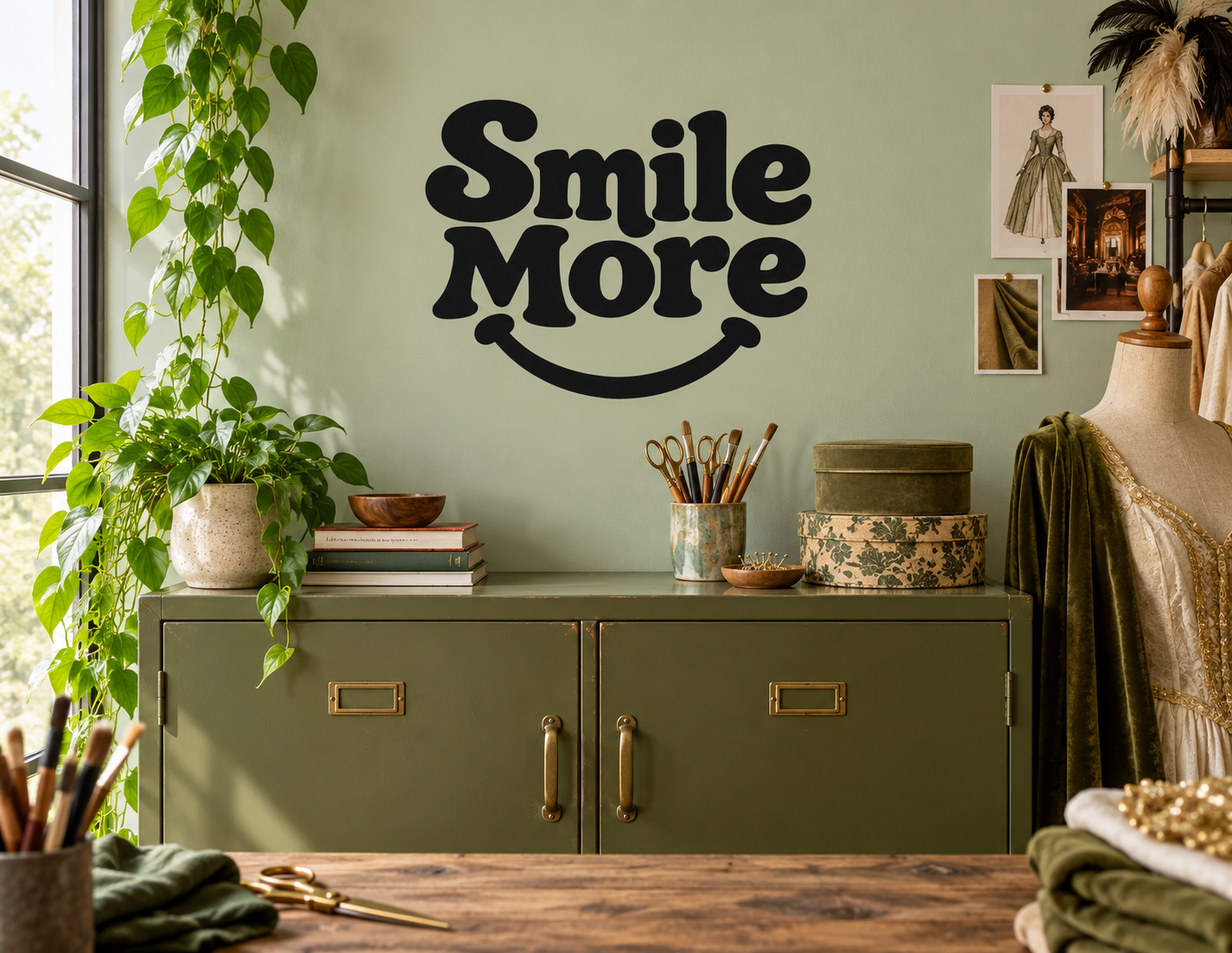 Smile More vinyl wall decal, black text with smiley face curve and dots