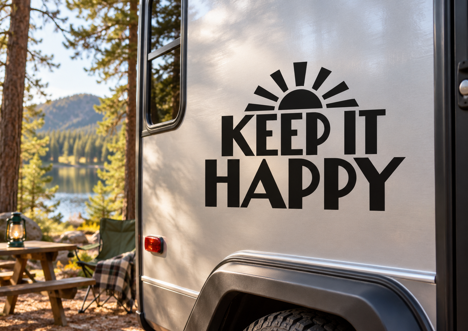 Vinyl decal with black “KEEP IT HAPPY” text and sunburst icon on a vehicle panel.