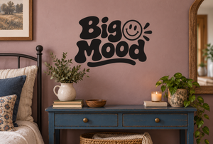 Black smiley vinyl decal for wall, bold lettering and emoji face