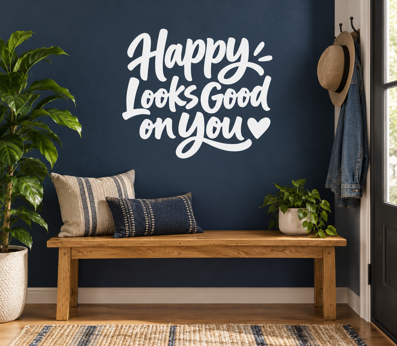 Vinyl wall decal with "Happy! Looks Good on You" script lettering in white