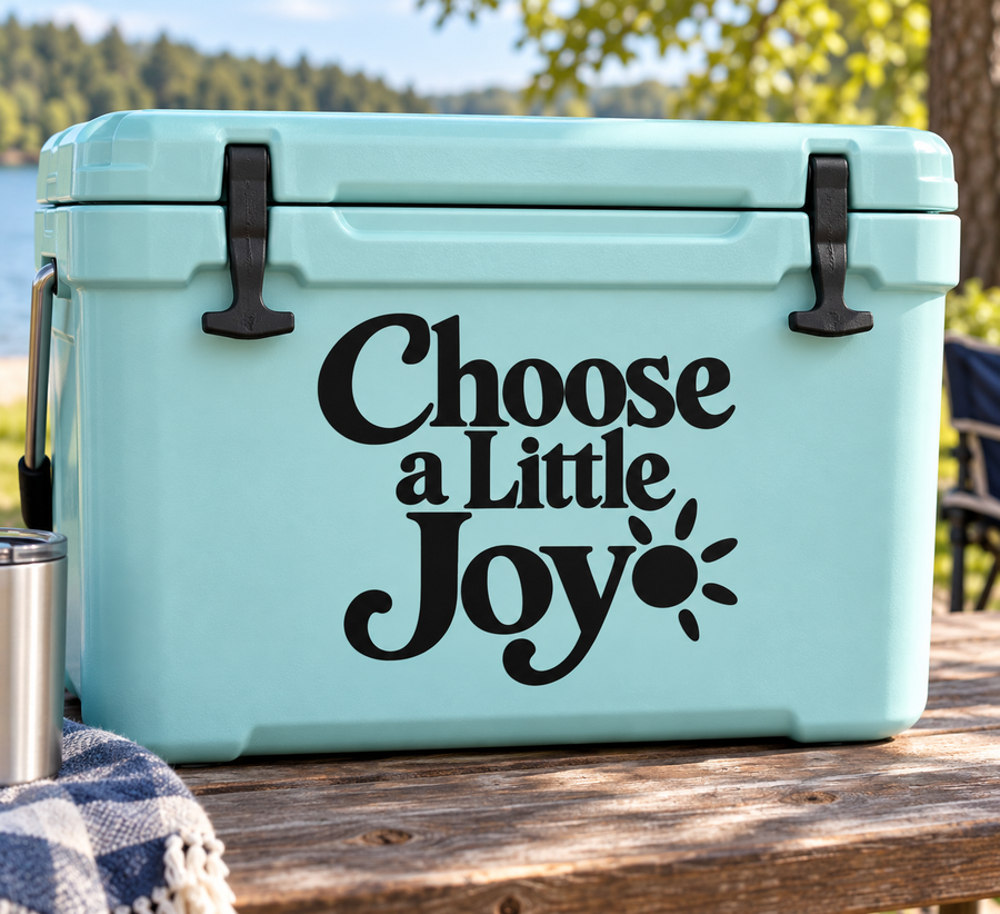 Vinyl decal text "Choose a Little Joy" with small sparkle icons