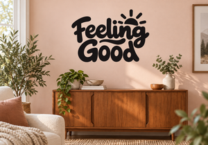 Feeling Good vinyl decal with bold black lettering and sunburst icon