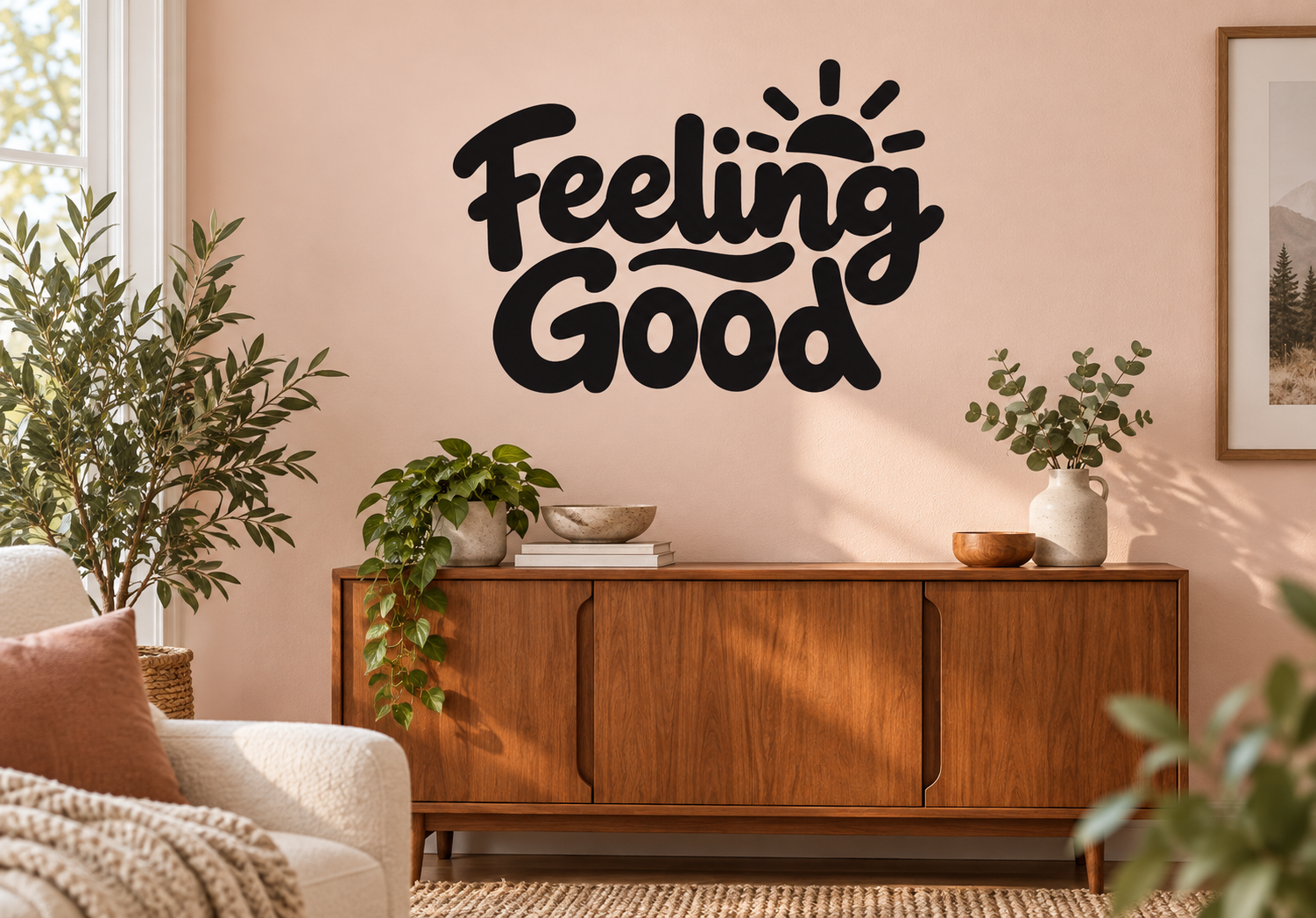Feeling Good vinyl decal with bold black lettering and sunburst icon