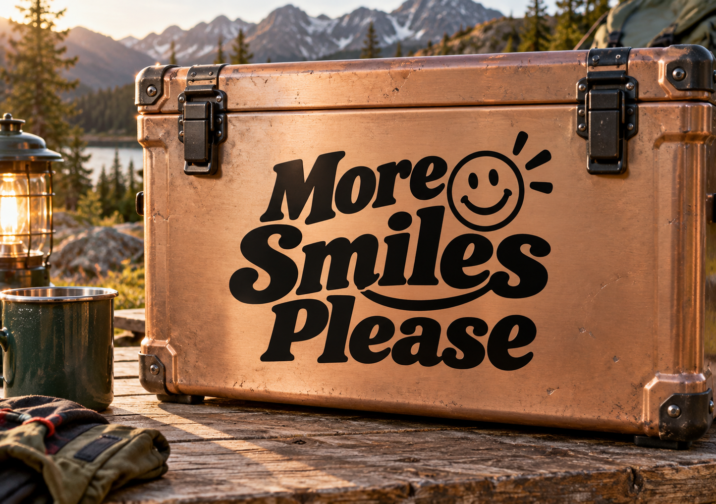 Vinyl decal reading “More Smiles Please” in bold script with a smiley face icon