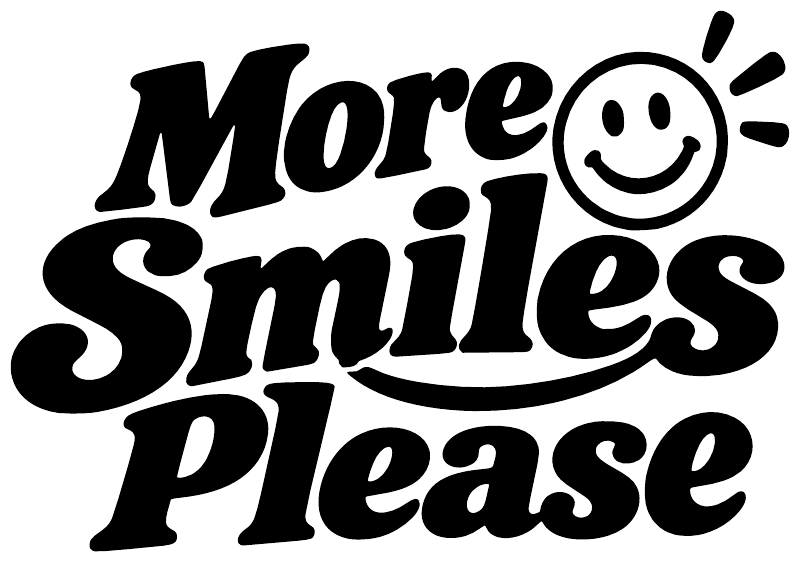 Vinyl decal “More Smiles Please” black lettering with a smiley face and sparkle lines