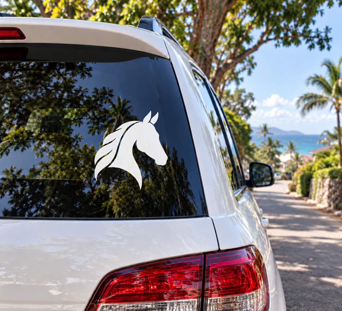 Horse head vinyl decal in white, quiet profile style on a car window