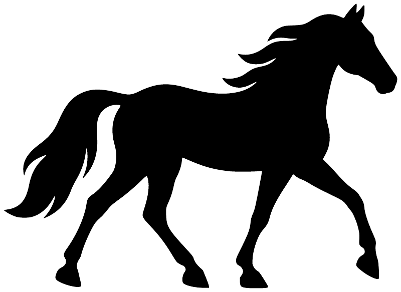 Black horse silhouette vinyl decal, side profile with flowing mane and tail