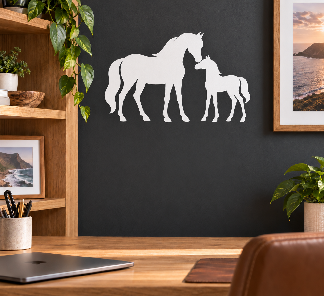 Equestrian mare and foal vinyl decal, white horse silhouettes on a dark surface