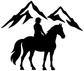 Vinyl decal: black rider on horseback with mountain peaks graphic