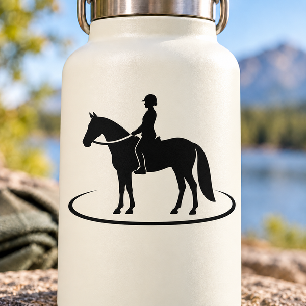 Vinyl decal: black horse-and-rider silhouette with curved oval base