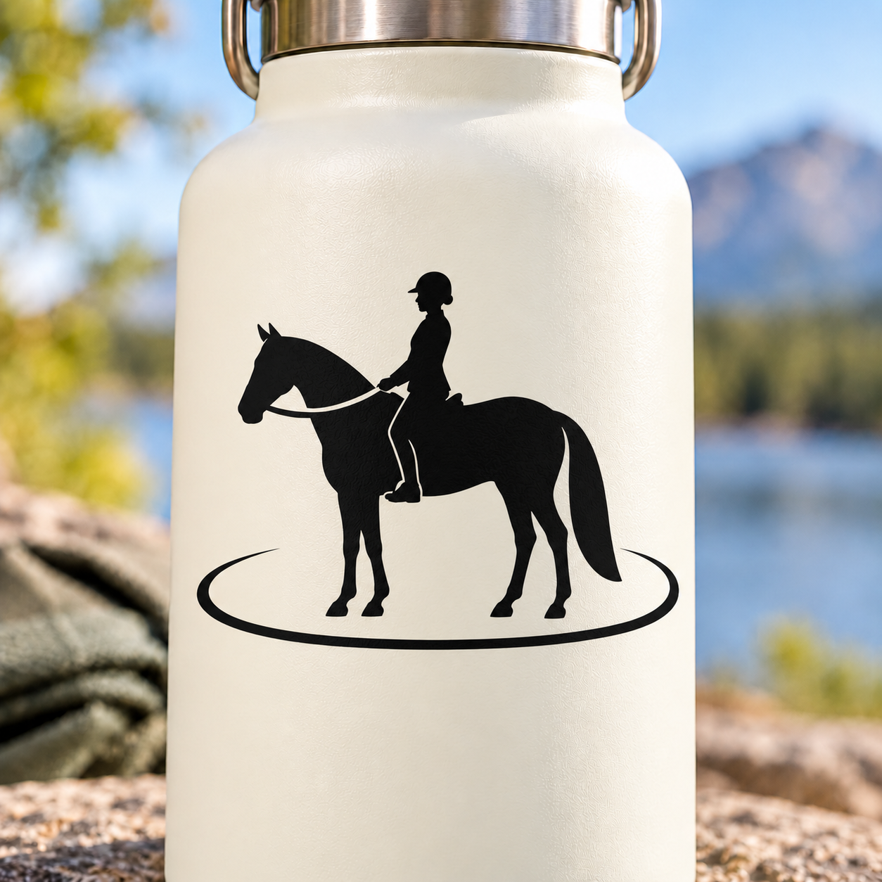 Vinyl decal: black horse-and-rider silhouette with curved oval base