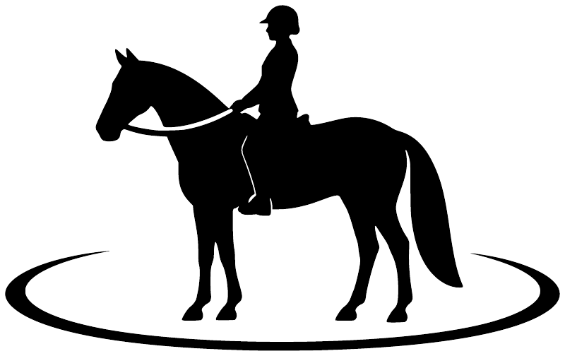 Vinyl decal silhouette of rider on horse with flowing oval ground